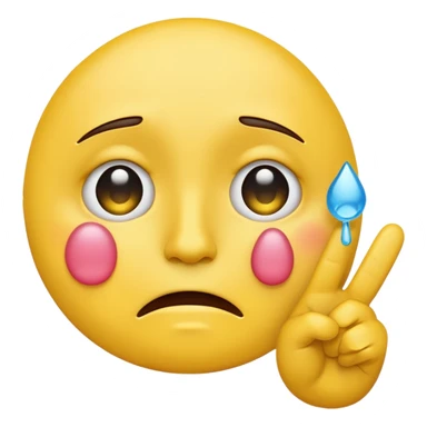 Yellow face emoji with pout with tears in eyes and holding up a peace sign sticker
