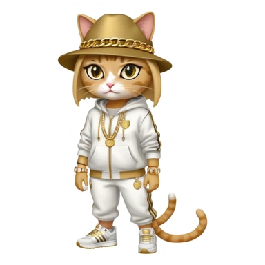 female cat wearing Run DMC hip-hop outfit with tracksuit, fedora, Adidas sneakers, many gold chains, rings, bracelets, flashy earrings, eyes averted, talking to a friend, no sunglasses sticker