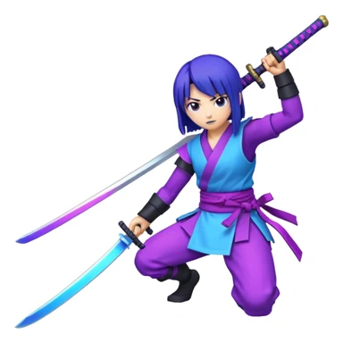 Animated emote: Katana breaking into pixels (purple/blue glitch effect). Loopable 3-frame animation. Minimalist, no background. sticker