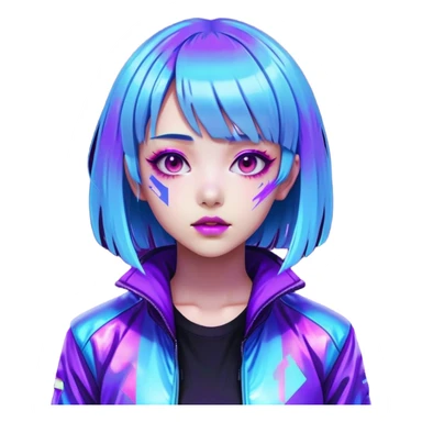 Cyberpunk Japanese girl with neon blue wig, holographic jacket, digital glitches effect, dark background with purple glow, iOS app icon style sticker