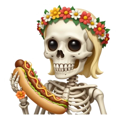 skeleteon with floweer on head with hotdog sticker