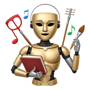A metallic humanoid figure whose torso is a circle divided into 4 clear segments, each segment containing a distinct icon: paintbrush (visual arts), music note (musical arts), theater masks (theatrical arts), and an open book (literary arts) sticker