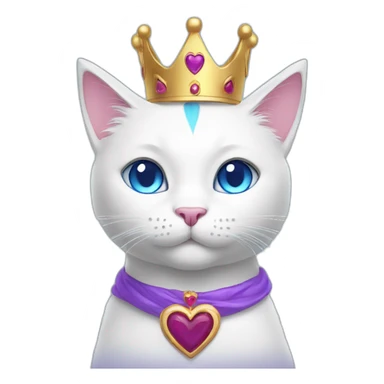 white cat with blue eyes, a purple heart and a crown on her head sticker