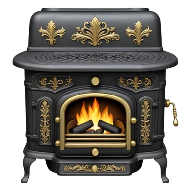 An antique cast iron coal stove from the 1900s with ornate details, small fire visible inside, black metal with brass accents sticker