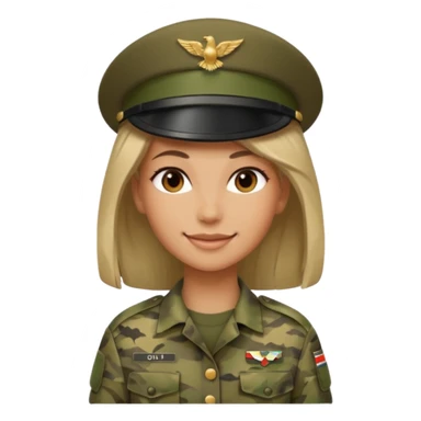 Female soldier emoji in Apple style, no cap/helmet, bust portrait, gentle smile, generic camo, hair visible, soft gradients, transparent PNG sticker