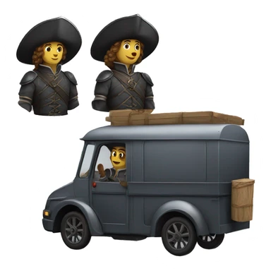 17th century musketeers driving mail truck, 1 male & 2 females sticker