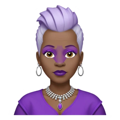 57yr old Qeen black woman with long oval shaped face with a white colored  natural hair mohawk style haircut adorning purple royalty clothing and purle lipstick, with 2 nose studs on each nostril  sticker