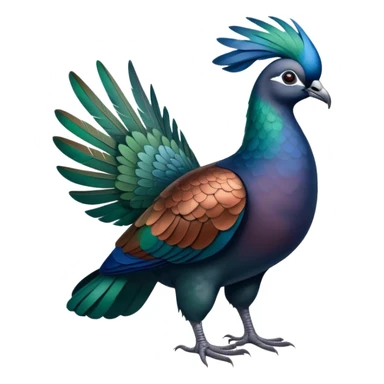 Nicobar pigeon with iridescent blue, green and copper-colored plumage, distinctive white tail sticker