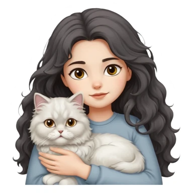 a girl with long dark wavy hair hug a fluffy persian cat with dominant white body and gray on its forehead  sticker