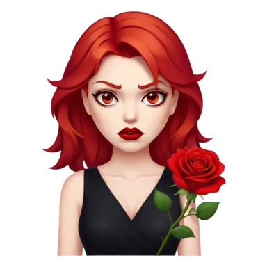 a beautiful very angry woman with red hair and red eyes. The woman wear a black little cutted dress. She have red lipstick and she have a seductive look. She have a rose flower in her hair sticker