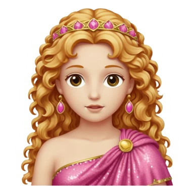 Venus, Goddess of Love from Roman Deities with long strawberry blonde wavy hair, pink sequin toga sticker
