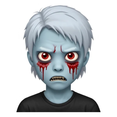 Create a 3D emoji-style avatar with very pale blue-grey zombie skin like the reference image, a young Asian face, and large eyes with blood tears. Give it white mullet-style hair, silver hoop earrings, and a simple black T-shirt. The expression should be slightly angry and has vampire teeth sticker