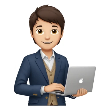 a light tan boy with messy dark brown hair. Wearing a blazer and carrying a lapotop. watch on wrist sticker