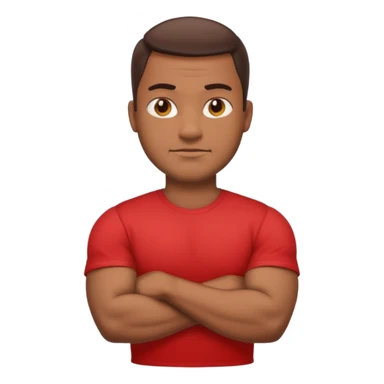 apple stylized emoji of a strong man, his arms crossed, white bg, he's in a red tee shirt sticker