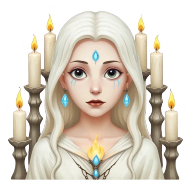 Pale sorceress lit by dozens of candles, wet skin glow, slow seductive gaze, dark fantasy cinema sticker