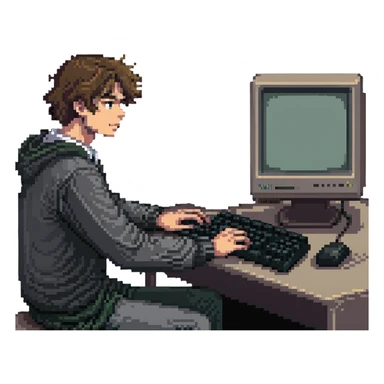 Young man sitting at an old school desktop computer with large monitor and keyboard sticker