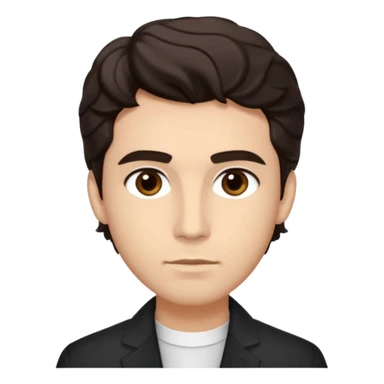 He’s a man with light to medium skin, a defined oval face, full brows, deep-set eyes, and wavy short dark brown tall tall hair styled with height, sides are trimmed. expression calm and focused relaxed black open-collar .polished, articulate, and coach vibe. sticker