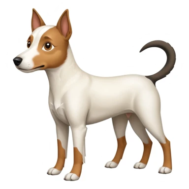 a full body large white parson russell looking dog the size of a kelpie with light brown flapped down ears and a light brown patch on one eye and a large snout sticker