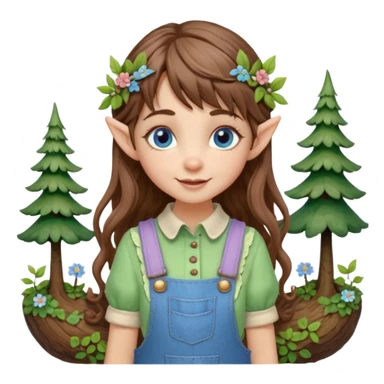 Kind happy whimsical quirky Girl toymaker, wood carving elf. Woodland nature creator. Blue eyes. brown hair (just below chin length) wavy hair & bangs. Whimsical playful cute. Overalls with nature embroidered cute shirt collar. Light green, light purple and light blue colour aesthetic  sticker