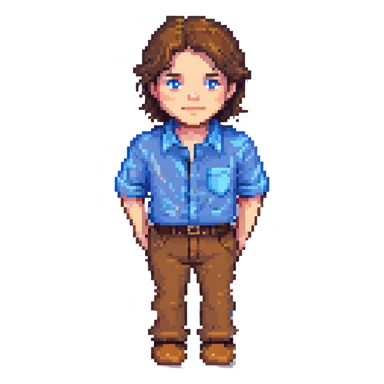 pixel art character named Michael, blue shirt, brown hair, simple and retro look sticker