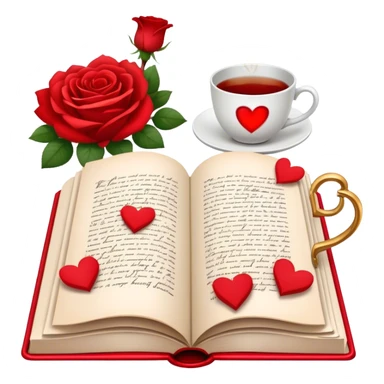 Icon for Romance Reading: an open book with a heart-shaped bookmark, surrounded by roses, a love letter, and a cup of tea, with small hearts and Cupid with bow and arrows flying out of the pages. Transparent background. sticker