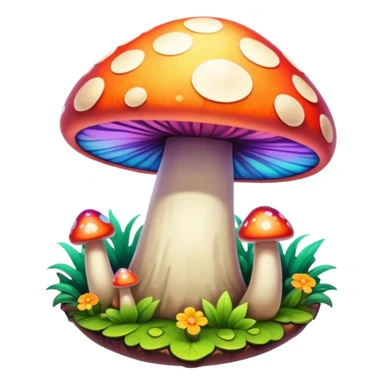 A round psychedelic colored button with bezeled edges and colorful hippie style mushrooms sticker