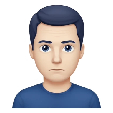 a white man in a dark blue t-shirt with a suspicious look sticker