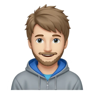 20 year old man, short scruffy beard and thin moustache, brown puffy mullet, blue eyes, big smile, white teeth, big lips, pronounced jaw, hair longer in back, sticking up on top, thin face, grey hooded sweatshirt, pale skin, big smile, blue eyes, puffy hair that is long in back sticker