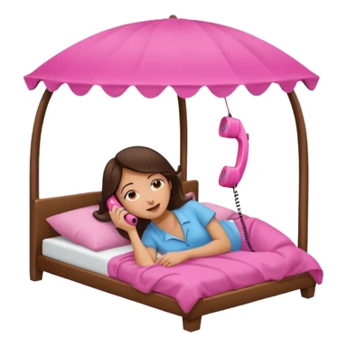 brunette woman laying on a canopy bed, holding a pink telephone to her ear, relaxed expression sticker