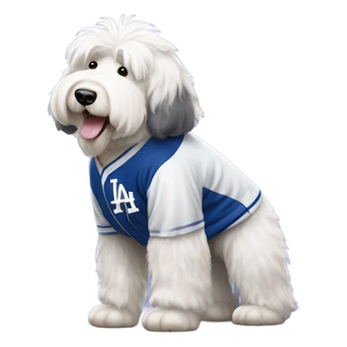 Old English Sheepdog full height wearing a Los Angeles dodgers baseball jersey sticker