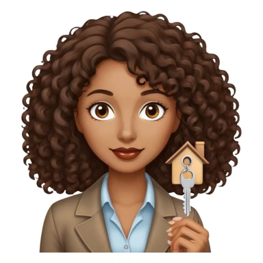 Dark brown lady with medium brown mid length curly hair in real estate job with house and keys sticker