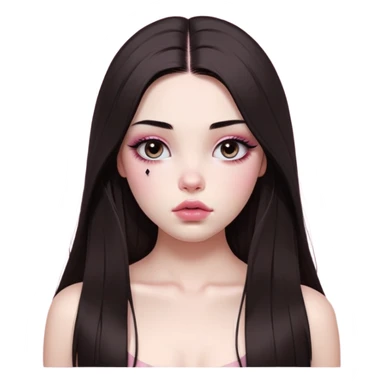 girl with white skin, dark brown long realistic straight hair with middle part prominently falling in front of her body over her shoulders, very big pouty extra shiny lips with absolutely no cupid's bow, big round shiny eyes with black eyeballs and huge eyelashes, no eyeshadow, pink blush on cheeks, lighter button nose, extremely long oval-shaped face, wearing a pink off-shoulder top, looking directly at camera with hands down at sides sticker