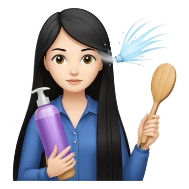 A white woman with long, straight black hair, holding a wooden paddle hairbrush in her left hand and spraying a hair mist bottle with her right hand toward her hair. sticker
