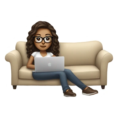 brunette girl laying on a cream colored couch with brown pillows with glasses on and a laptop on small table in front with coffee cup on mouse pad sticker