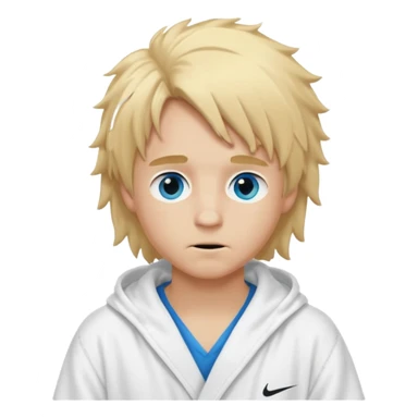 Create a blond boy with long, messy hair, light eyes, a white t-shirt, long hair, blue eyes, medium length, voluminous, wearing a white Nike bathrobe and a little blush near his nose. He also wears a balaclava, the kind a gangster balaclava wears, covering his entire face, and make him cute. sticker