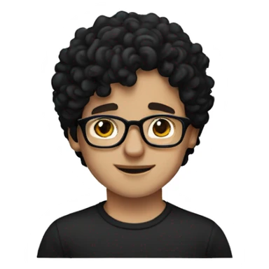 white boy with curly black hair and frameless glasses and black t shirt sticker