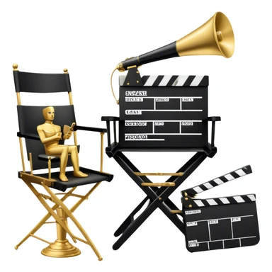 Icon for Directing: professional collage with director's chair, a film slate, a megaphone and an Oscar statuette. The icon should represent the creative and leadership aspects of directing, with focus on film and theater production. Transparent background. sticker