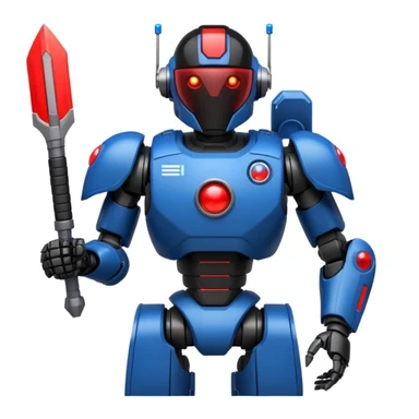 sci-fi black armored robot with red and blue shoulder lights, space station background, stats panel with sword icon, red orb icon, blue shield icon, all in apple emoji style sticker