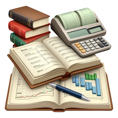 Icon for Business Reading: an open book with graphs, numbers, percentages, formulas, and text on the pages, next to a stack of books, a pile of dollars, a calculator, and a pen. The icon should represent the analytical and strategic nature of business literature. Transparent background. sticker