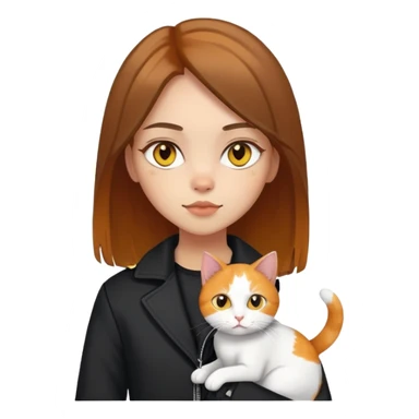 Light-skinned girl with brown straight hair wearing a black jacket, holding one pure white cat with yellow eyes and one calico cat with orange and black patches sticker