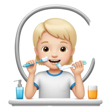 child brushing teeth in front of a bathroom mirror, cheerful expression sticker