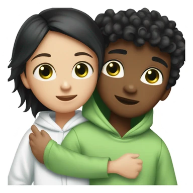 A black haired girl with green eyes who is approximately 5,2 with a black hoodie and pijamas hugging a blue eyed light brunette boy with freckles wearing pijamas and a white hoodie sticker
