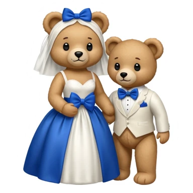 Teddy bear wearing white wedding dress holding the hand to another teddy bear wearing a big royal blue bow tie. The one with the white dress has no bows sticker