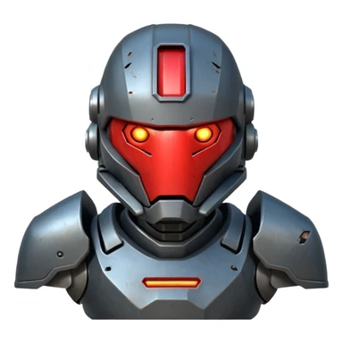futuristic war robot portrait, head and shoulders only, aggressive design, sharp armor edges, glowing red eyes, battle-damaged helmet faceplate, heavy armor collar, intense dramatic lighting, sci-fi metal textures, 3D cartoon, mobile game icon style, clean background, no text, no watermark
 sticker