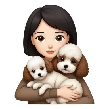 Woman with short black straight hair hugging a brown poodle and a white bichon frise sticker