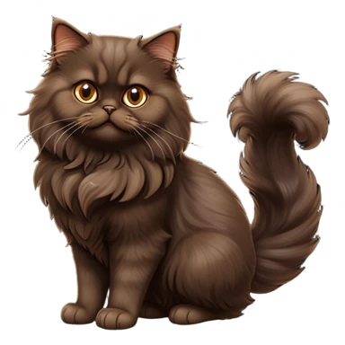 cinematic-[dark brown persian cat]-realistic-full-body-sitting-emoji,-tail-curled-playfully-around-its-paws,-head-tilted-dramatically,-fluffy-[dark brown]-fur,-simplified-yet-realistic-focused-features,-highly-detailed,-glowing-with-an-almost-sarcastic-glow sticker