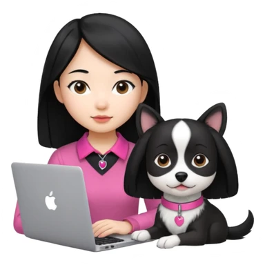 Asian girl with long black hair working on an Apple laptop, next to her is a small black and white dog with pink collar on  sticker