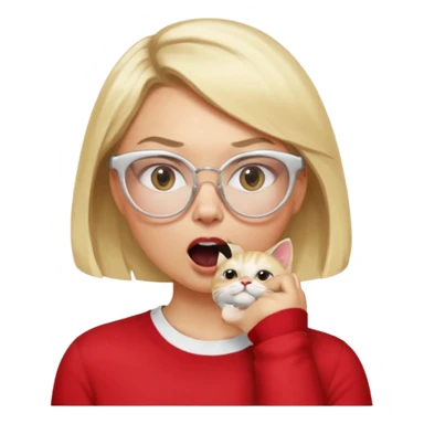 emoji style, side view woman with light skin, blonde bob hair, white cat-eye glasses, red shirt, hand cupped tightly around her mouth, hand close to nose and lips, shouting loudly, energetic expression, simple background sticker