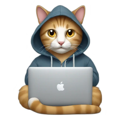 cat with hoodie and a macbook sticker