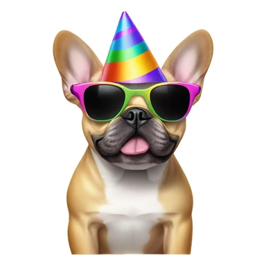 French bulldog with sunglasses wearing a party hat sticker